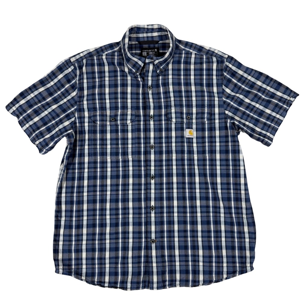 Carhartt Plaid Button Up Shirt Mens Large Blue Loose Fit Short Sleeve Workwear